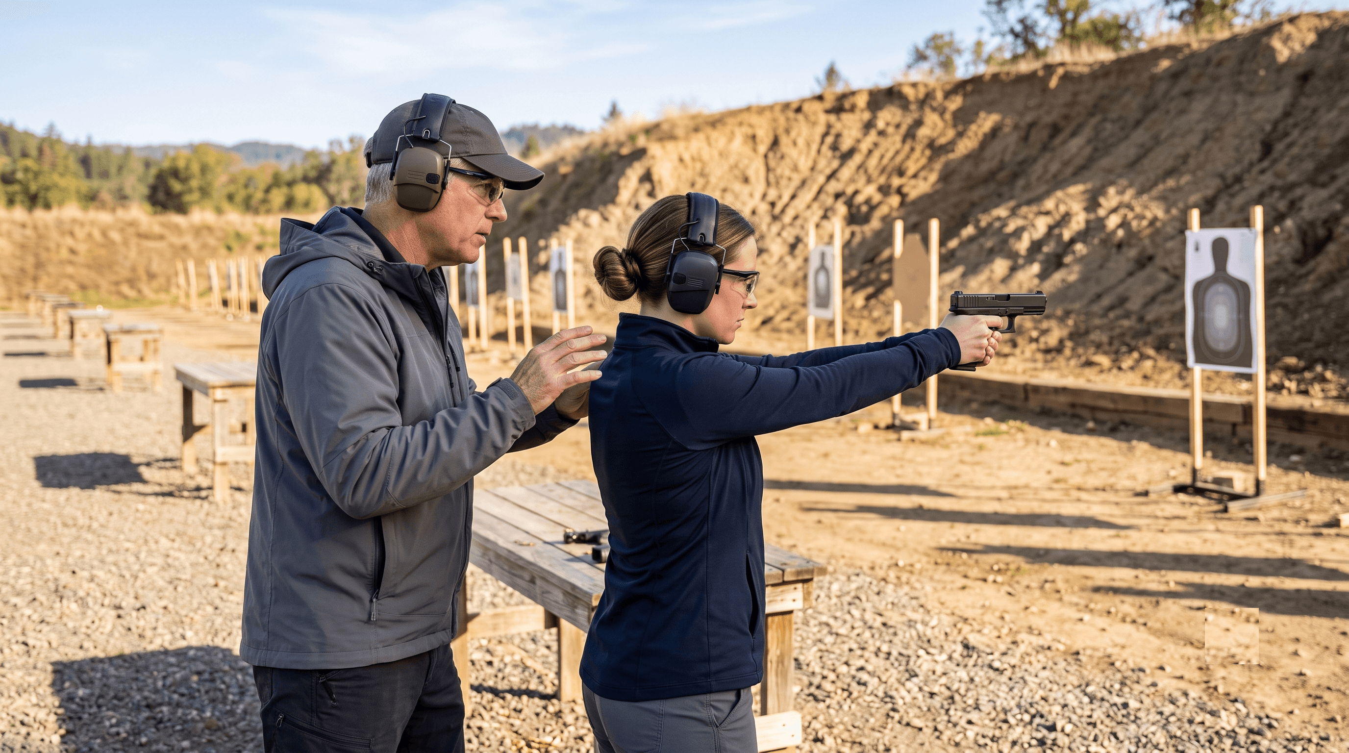 A firearms instructor coaching an adult student’s stance at an outdoor range.