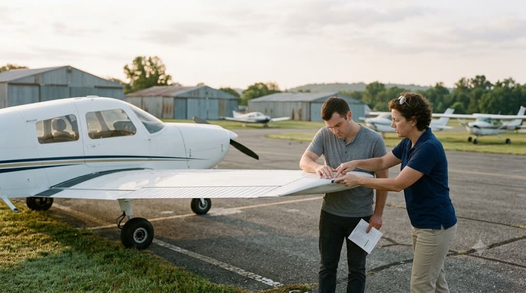 A flight instructor and student inspecting a wing during preflight at a small airfield.