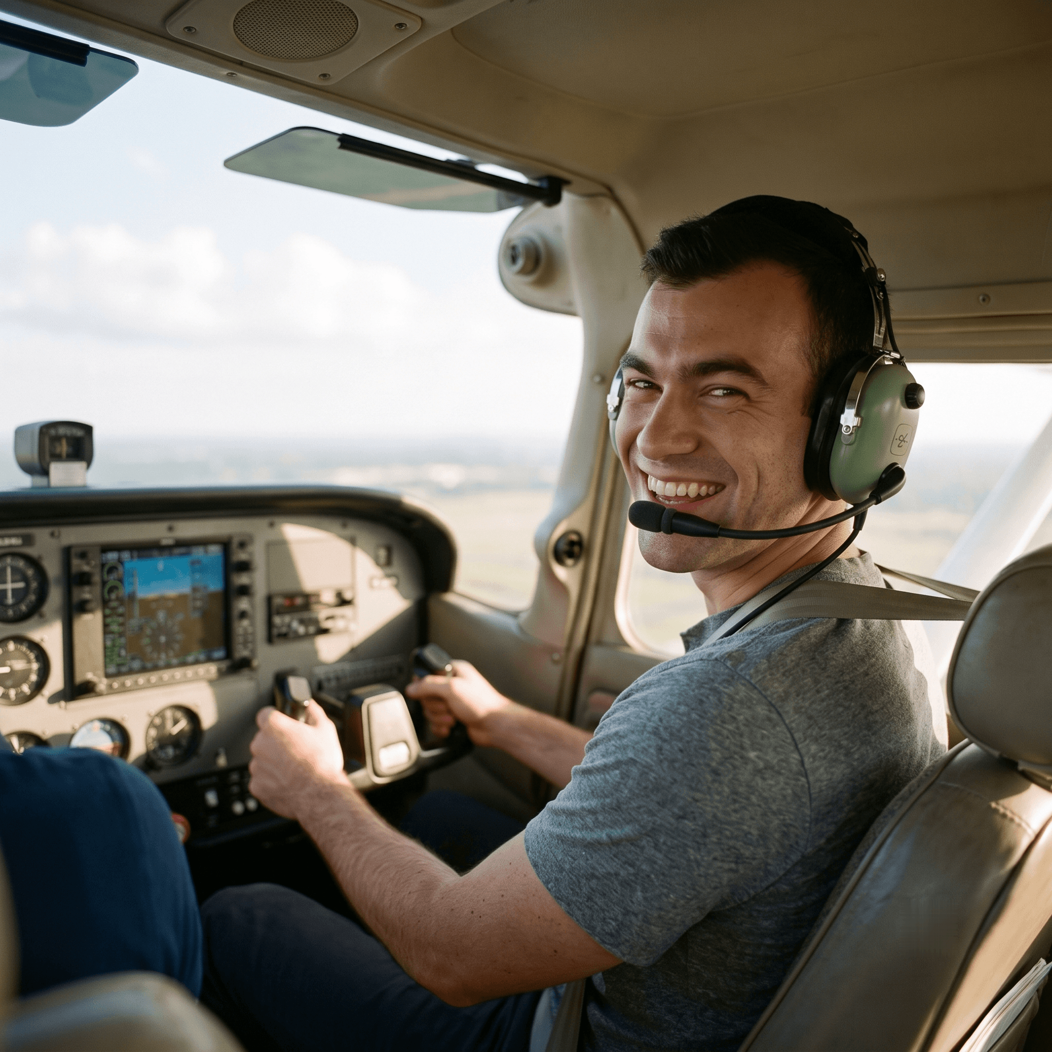 A student pilot grinning at the camera mid-lesson, photographed from the instructor’s seat.