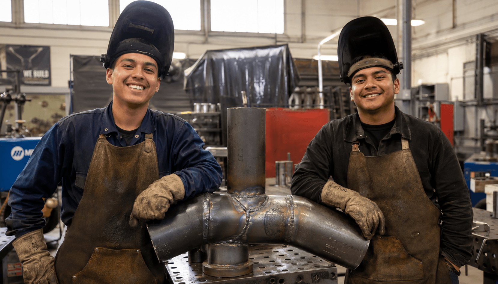 Two welding students in protective gear with their finished work.