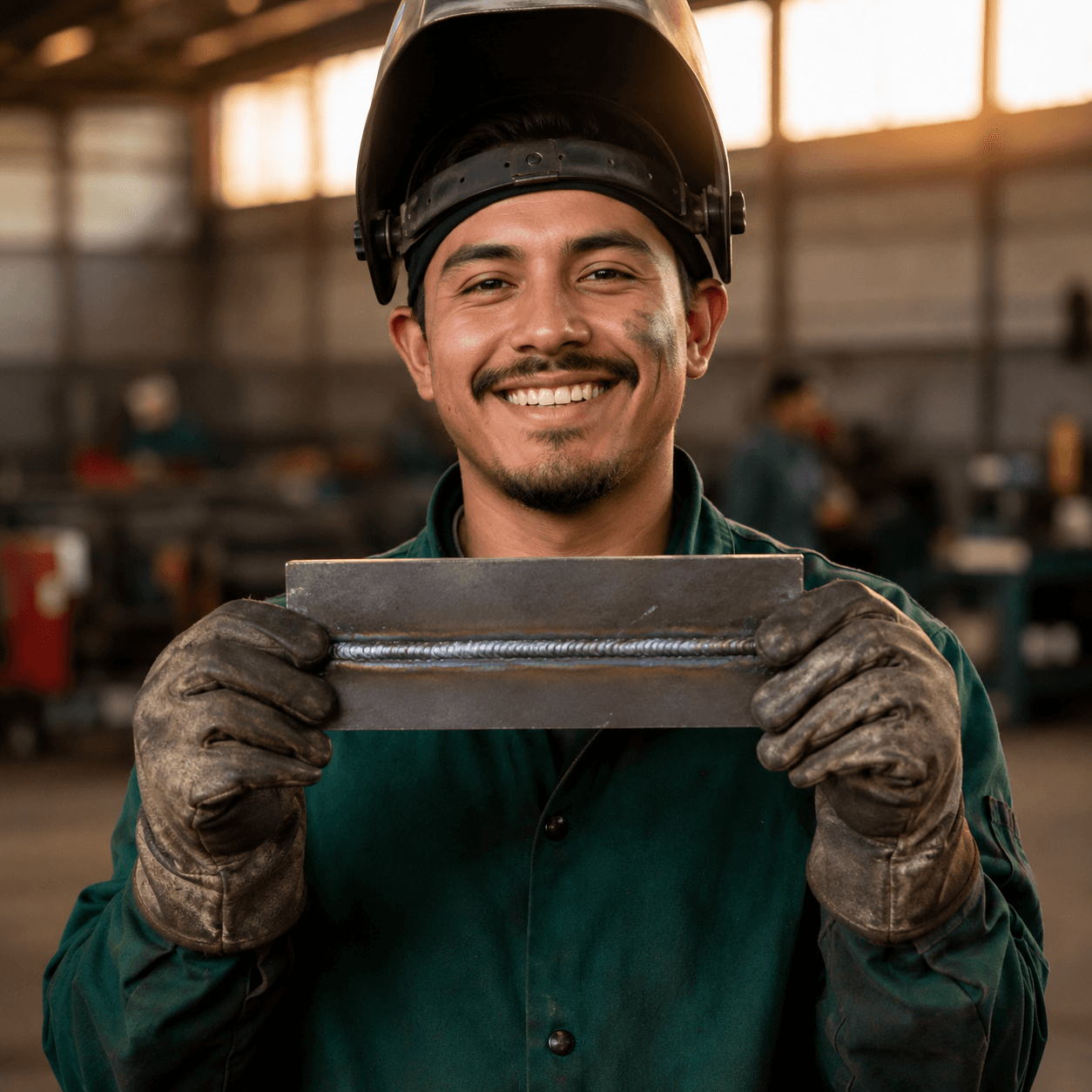 A welding student holding a finished practice weld.