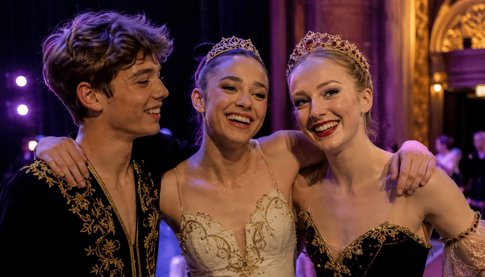 Ballet dancers in formation on stage under theatrical lighting.