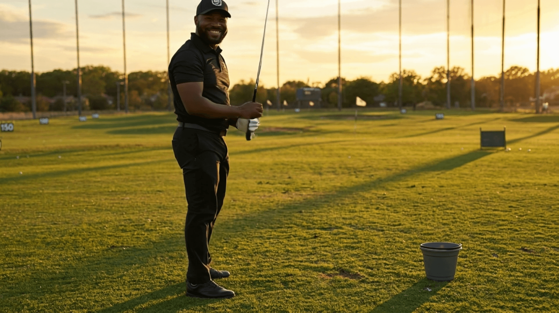 A golf student smiling after a good shot on the range at sunset.