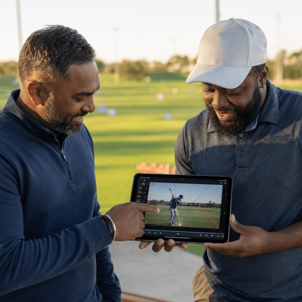 A golf coach reviewing a student’s swing on a tablet.