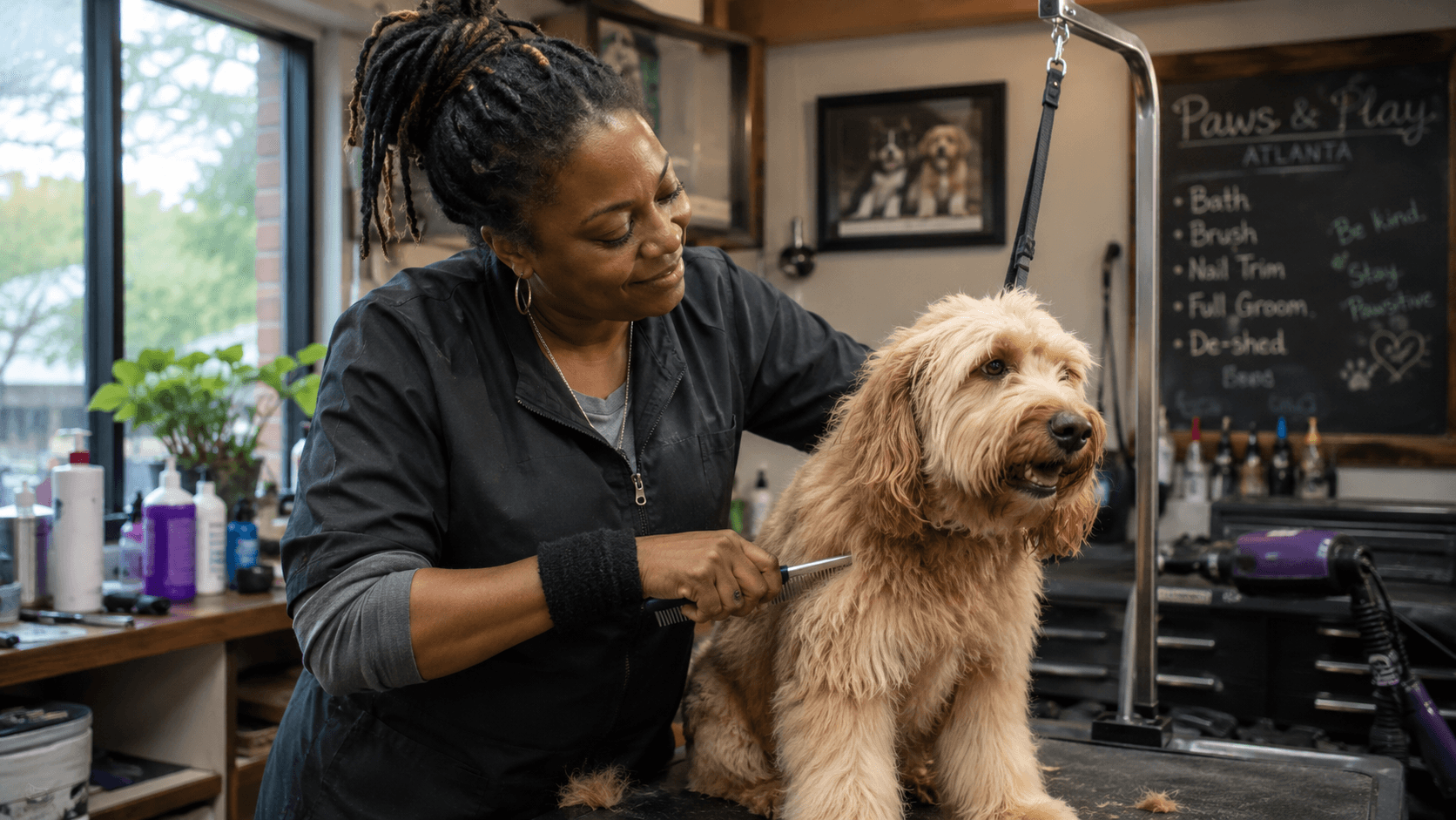 A calm dog mid-groom on a salon table in warm light.