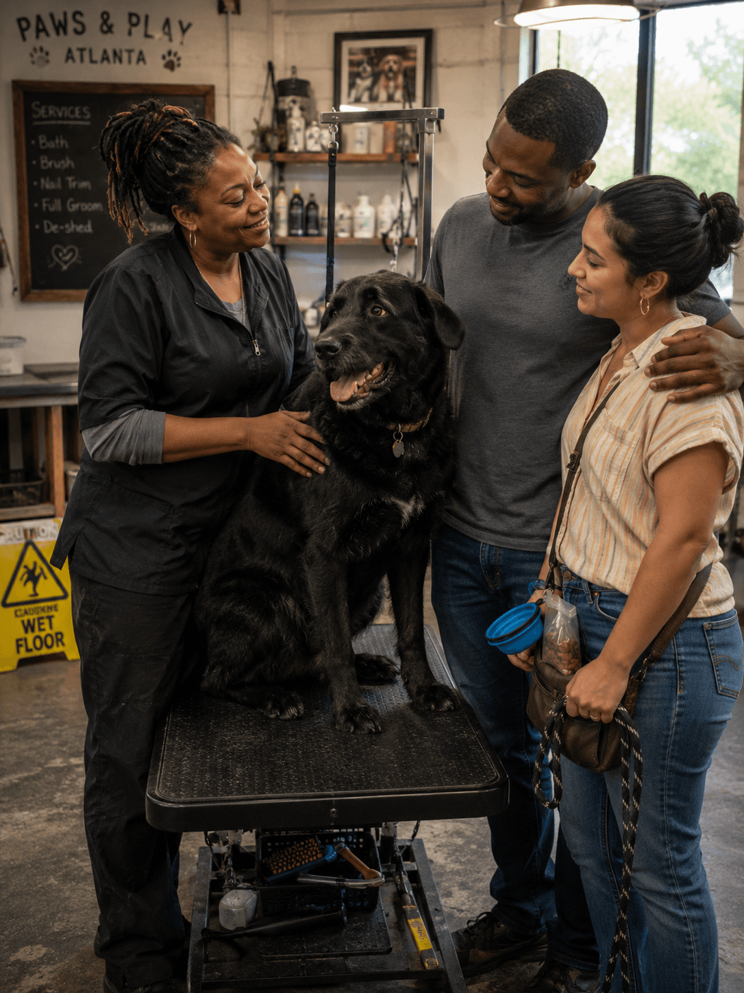 A groomer holding a freshly groomed rescue dog who looks relaxed.