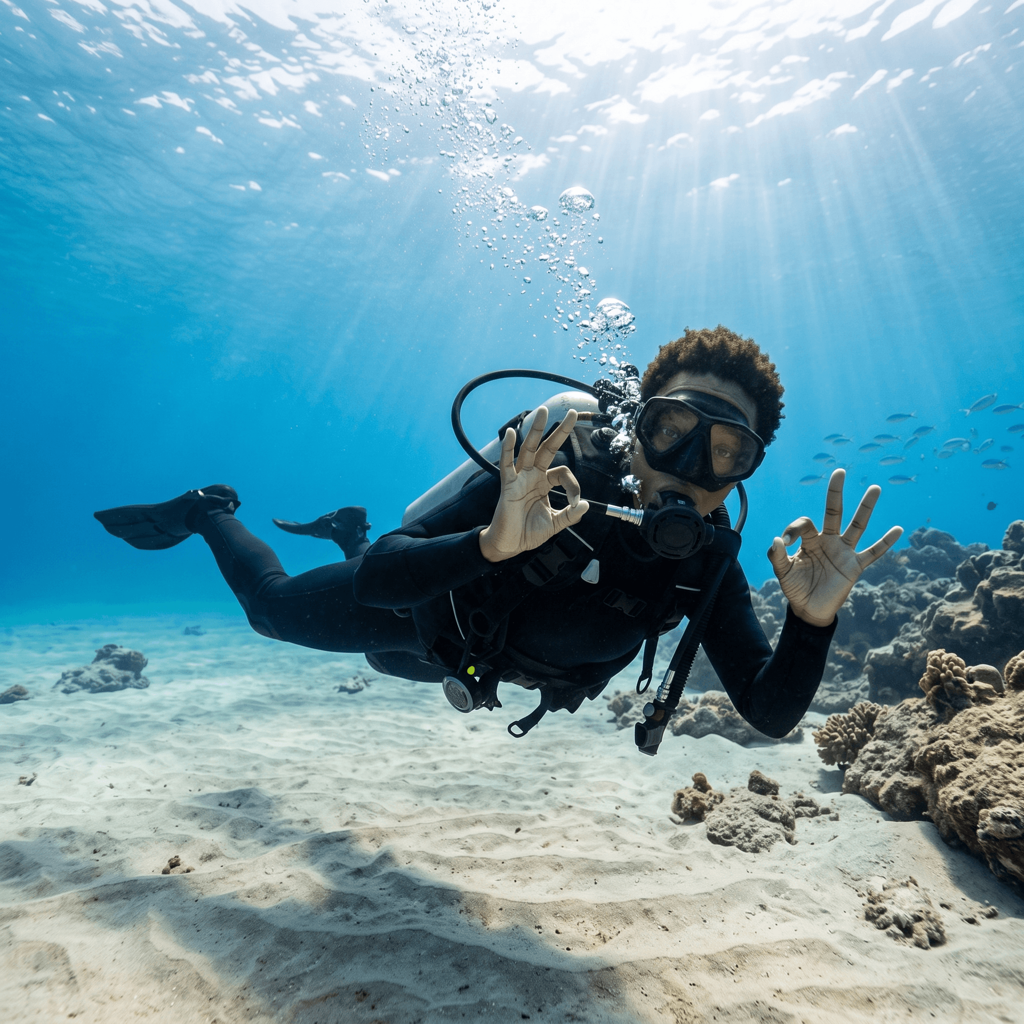 A scuba student underwater giving the OK sign with both hands to the camera.