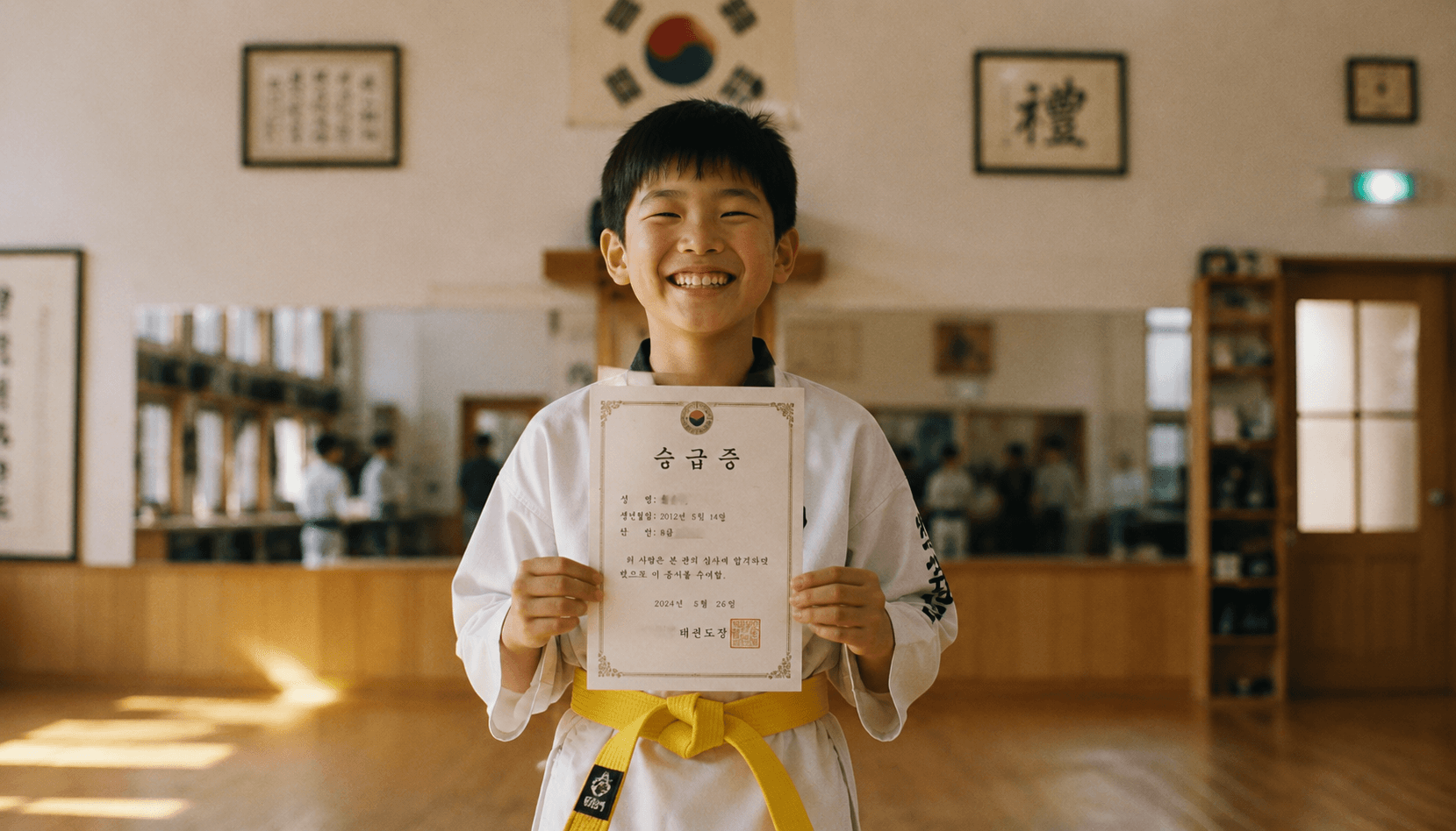 A taekwondo class in formation in a sunlit dojo.