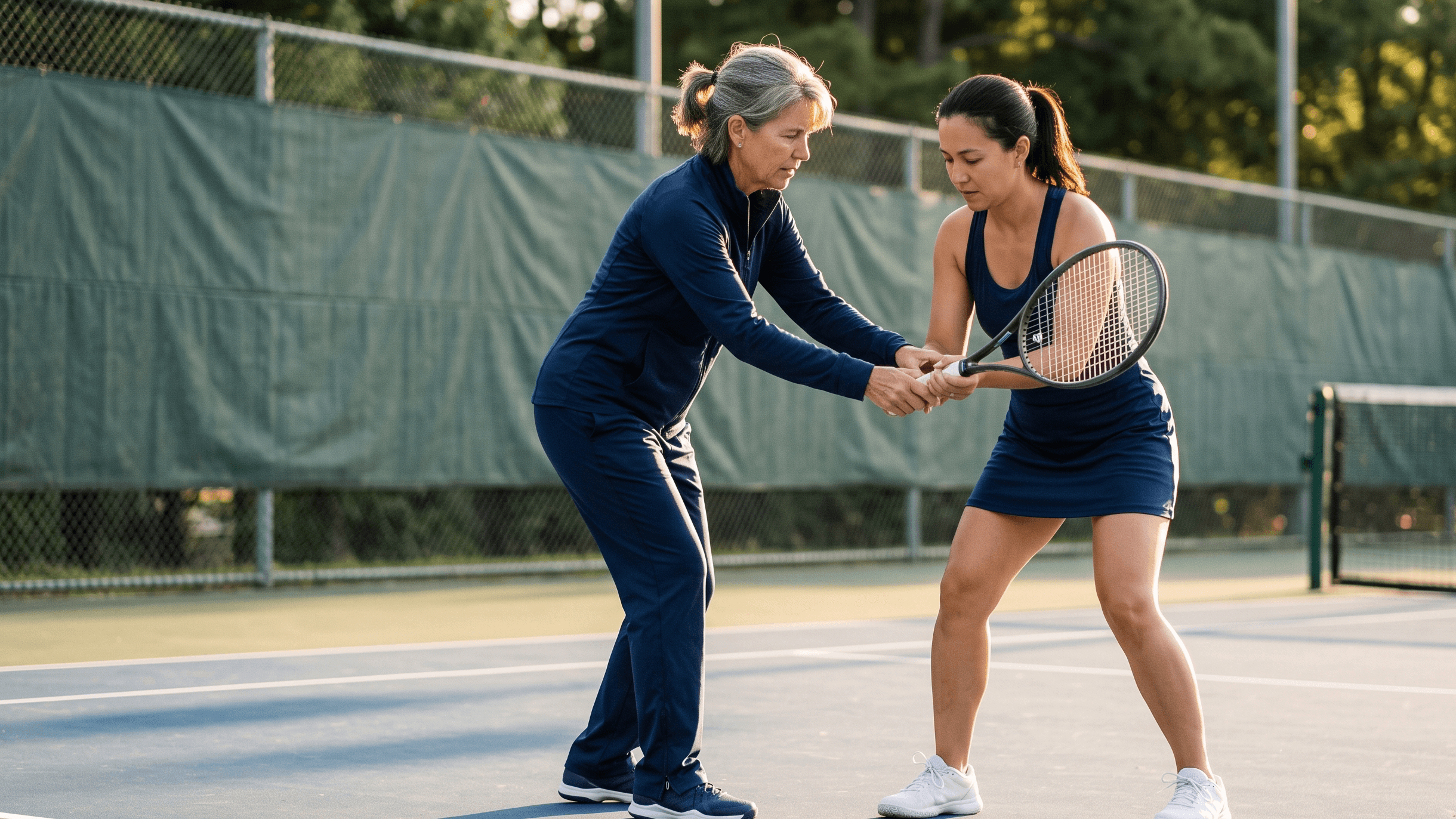 A tennis coach adjusting an adult student’s backhand grip on an outdoor court.
