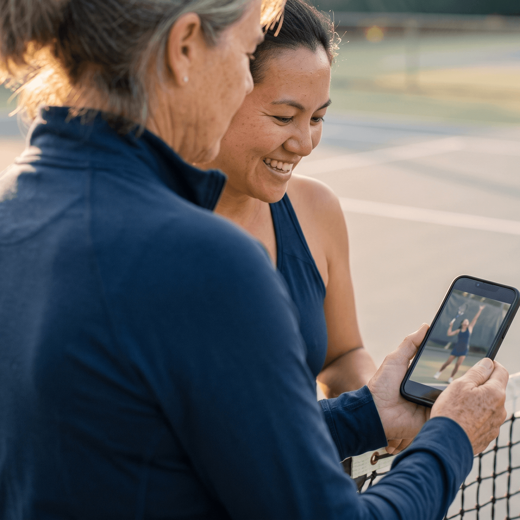 A coach and student at the net reviewing a serve video on a phone.