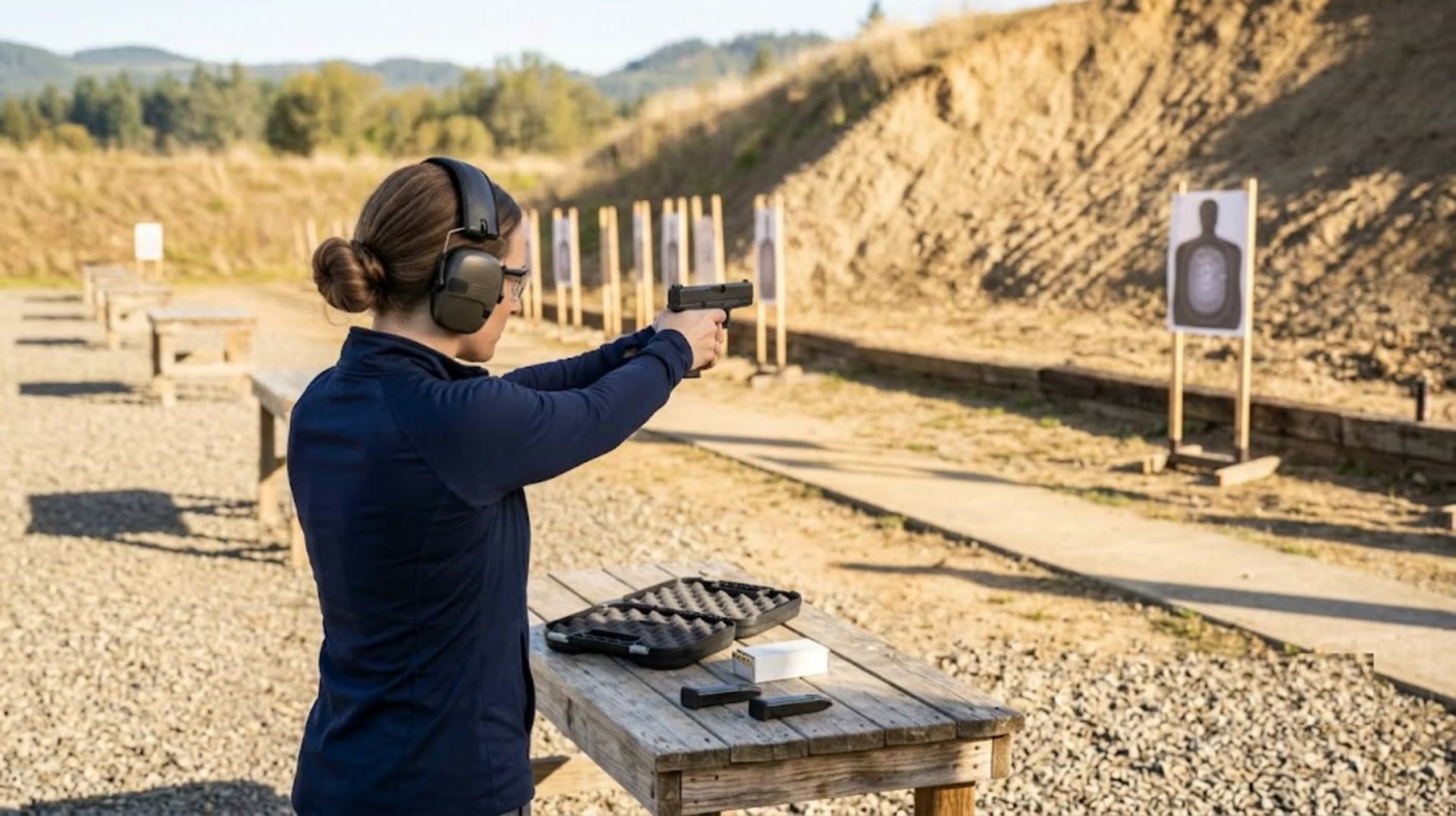 A student aiming downrange at an outdoor pistol range, filmed from a lesson camera.