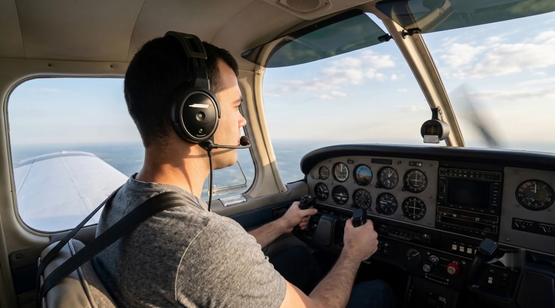 A student pilot at the controls in level flight, seen from a cockpit camera.
