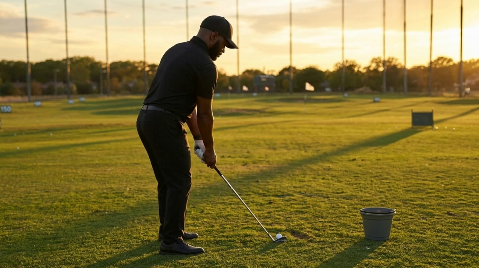 A golfer at address on a driving range at sunset, filmed from behind.