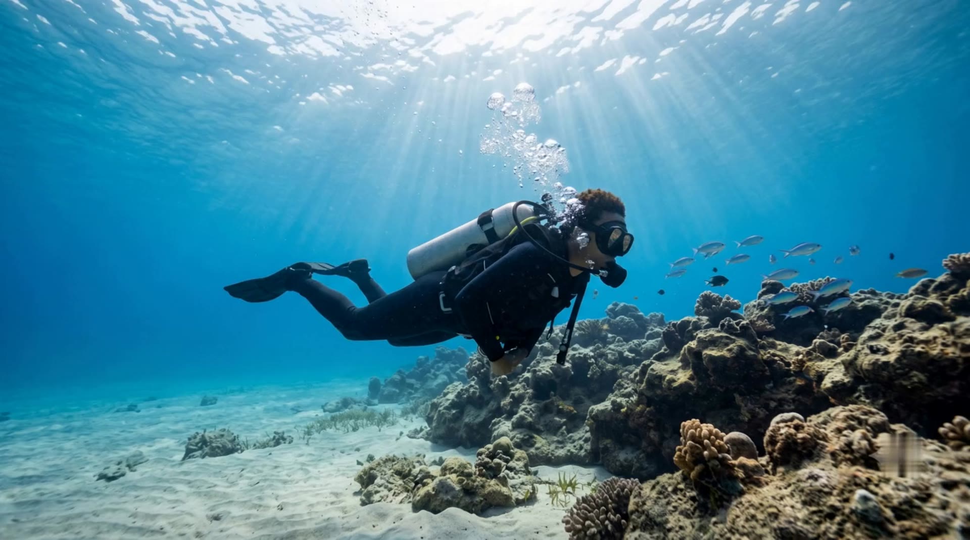 A scuba student swimming along a reef, filmed by her instructor.