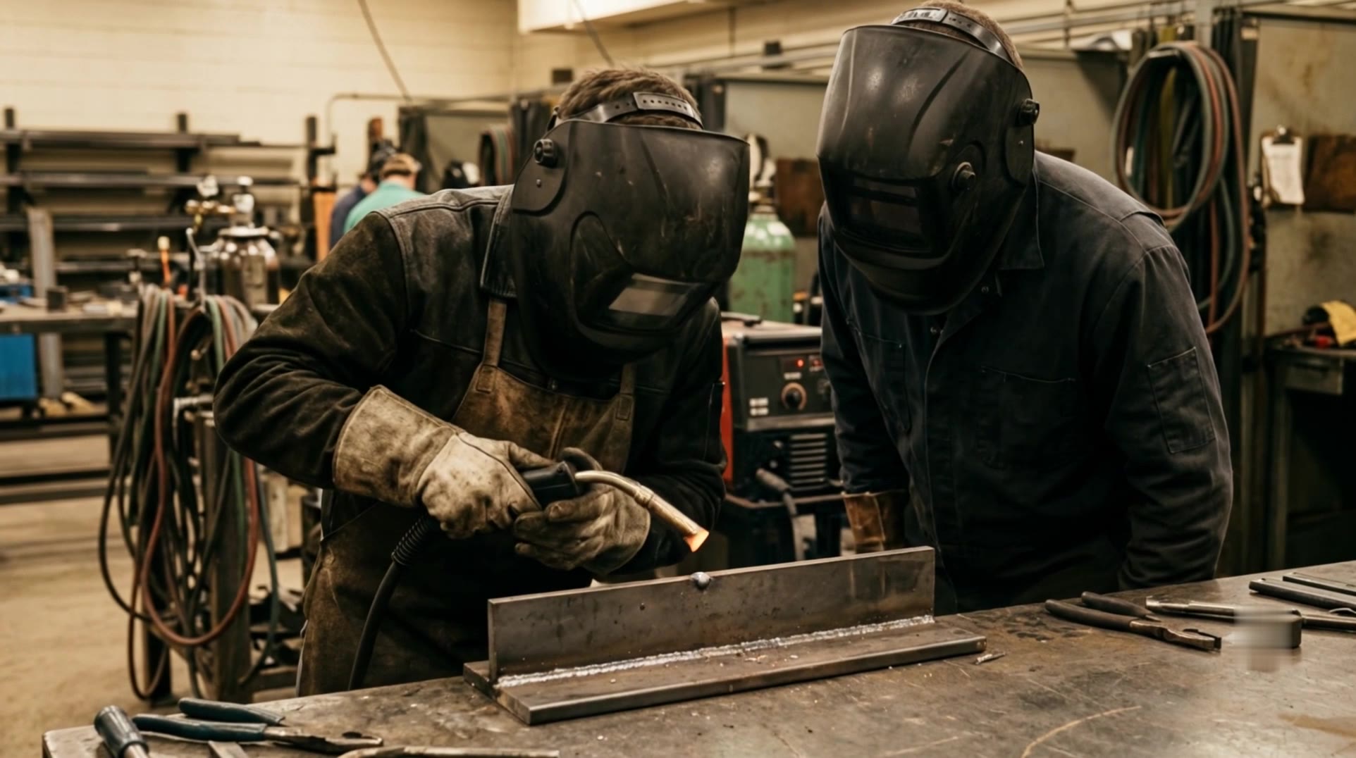 A welding student, helmet down, welds a steel joint while an instructor watches.